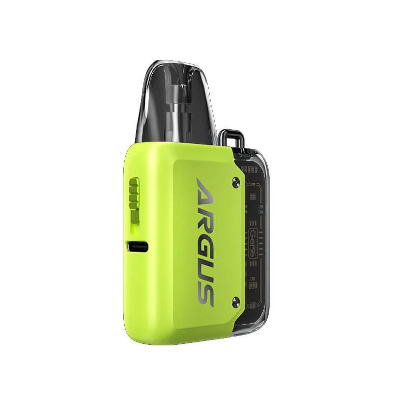 VooPoo Argus P1 Pod Kit Device in Bright Yellow – futuristic and compact vape device with a transparent chassis, fast charging, and smooth performance.