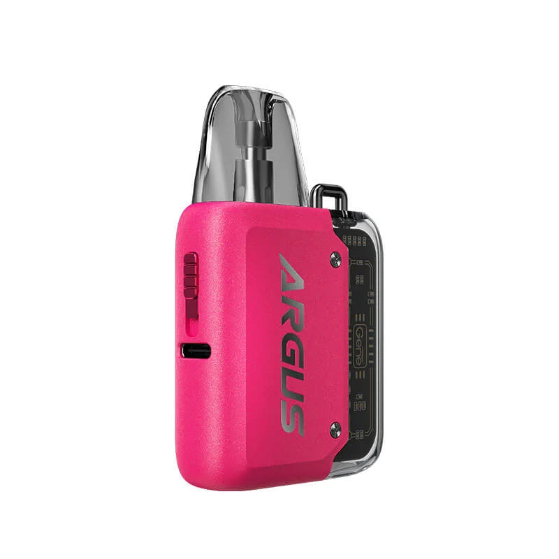 VooPoo Argus P1 Pod Kit Device in Passion Pink – futuristic and compact vape device with a transparent chassis, fast charging, and smooth performance.