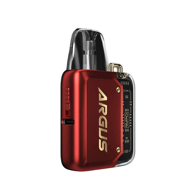 VooPoo Argus P1 Pod Kit Device in Red – futuristic and compact vape device with a transparent chassis, fast charging, and smooth performance.