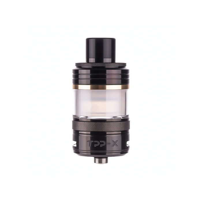 Voopoo TPP X Pod Tank in sleek black with 2ml e-liquid capacity; features a childproof locking system, leak-resistant side-fill design, 810 drip tip, and full compatibility with Voopoo TPP coil series for powerful flavor and dense vapor.