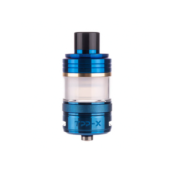 Voopoo TPP X Pod Tank in sleek blue with 2ml e-liquid capacity; features a childproof locking system, leak-resistant side-fill design, 810 drip tip, and full compatibility with Voopoo TPP coil series for powerful flavor and dense vapor.