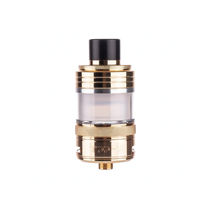 Voopoo TPP X Pod Tank in sleek gold with 2ml e-liquid capacity; features a childproof locking system, leak-resistant side-fill design, 810 drip tip, and full compatibility with Voopoo TPP coil series for powerful flavor and dense vapor.