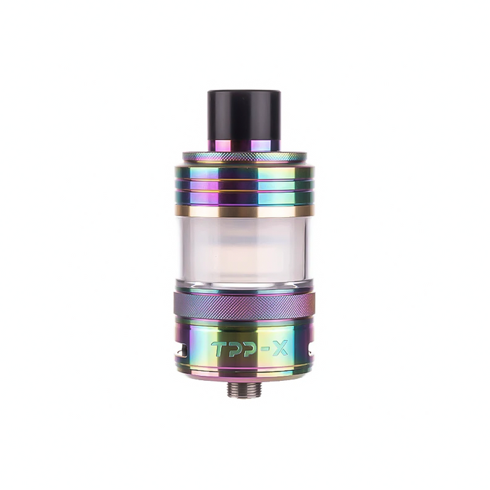 Voopoo TPP X Pod Tank in sleek rainbow with 2ml e-liquid capacity; features a childproof locking system, leak-resistant side-fill design, 810 drip tip, and full compatibility with Voopoo TPP coil series for powerful flavor and dense vapor.