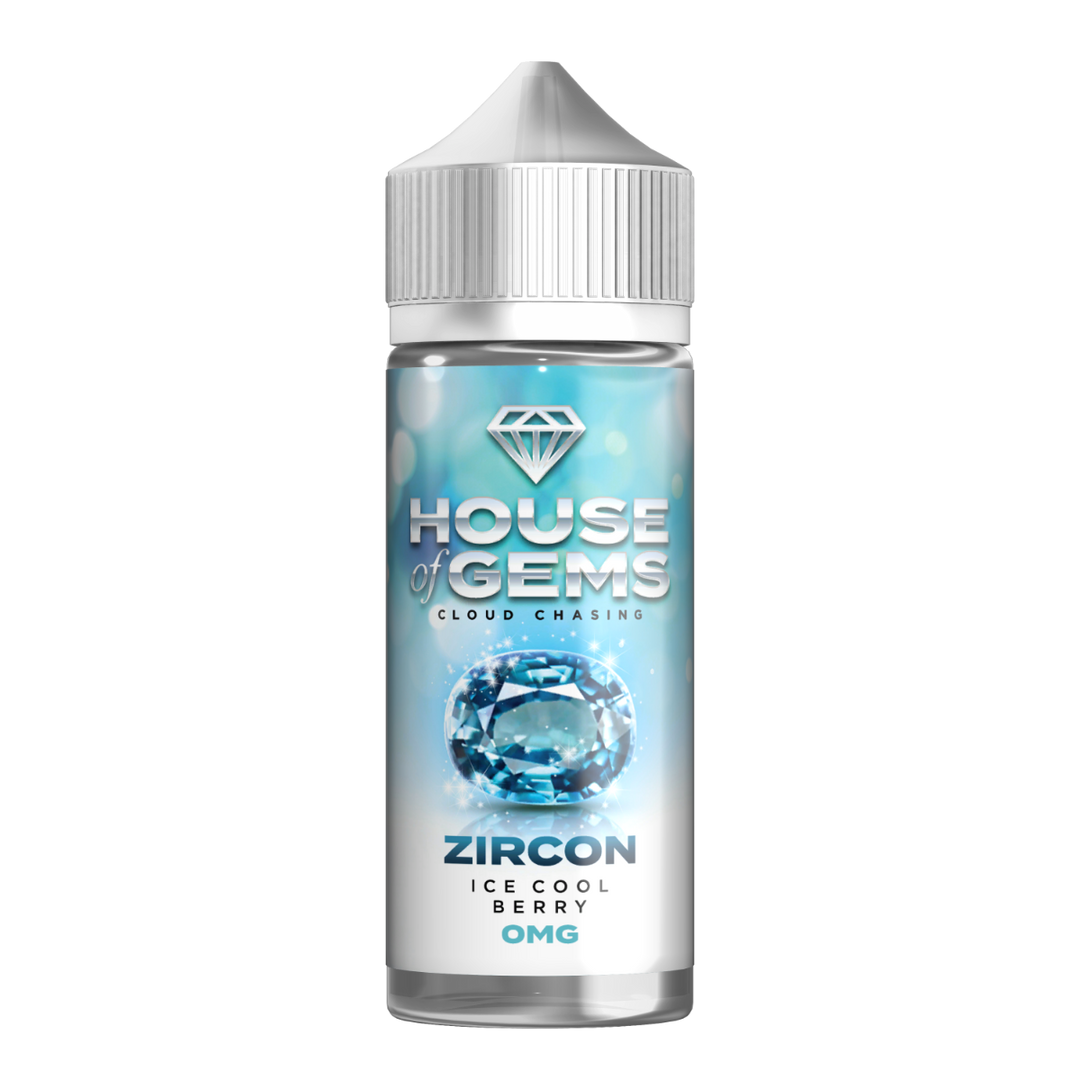 100ml shortfill bottle of Gemstone House of Gems E-Liquid in Zircon flavor, offering a luxurious and smooth vape with rich fruity notes; nicotine-free with space for nic shots, crafted for premium flavor and dense cloud production.