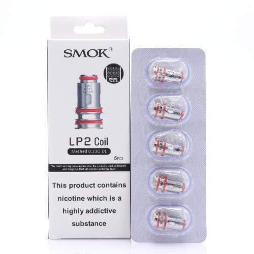 Smok LP2 replacement coils, pack of 5, including DC 0.6Ω coils for MTL vaping and Meshed 0.23Ω coils for DL vaping, designed for consistent flavor, smooth vapor production, and compatibility with Smok LP2‑supported devices.