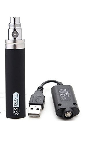 GS eGo II 2200mAh high-capacity vape battery in black with USB charger, designed for long-lasting vaping sessions.