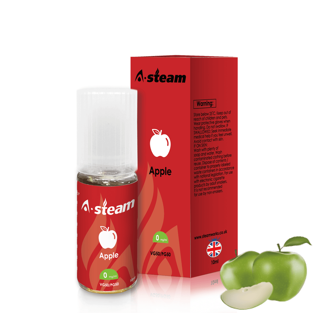 A-Steam 10ml e-liquid bottle in Apple flavor, offering a variety of flavors for vaping.
