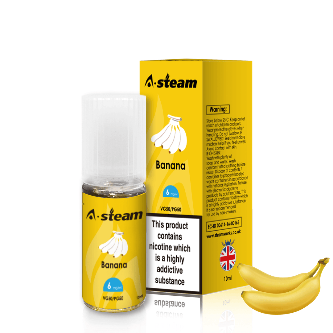 A-Steam 10ml e-liquid bottle in Banana flavor, offering a variety of flavors for vaping.