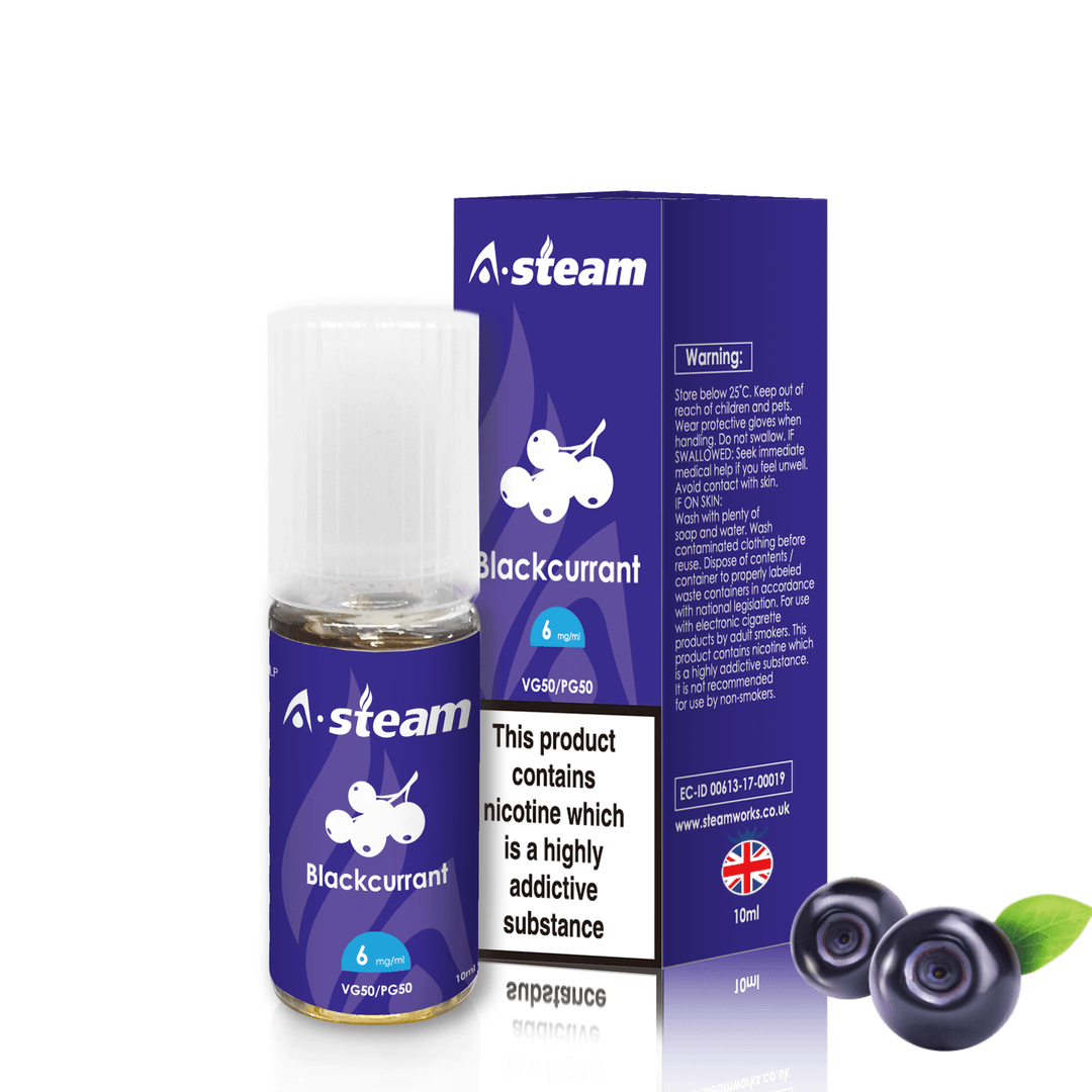 A-Steam 10ml e-liquid bottle in Blackcurrant flavor, offering a variety of flavors for vaping.