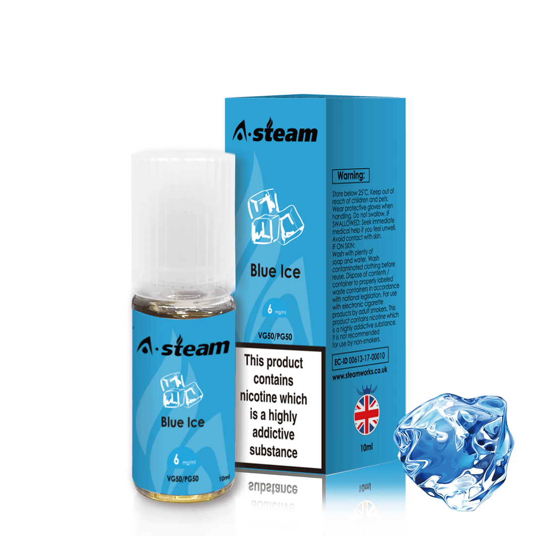 A-Steam 10ml e-liquid bottle in Blue Ice flavor, offering a variety of flavors for vaping.