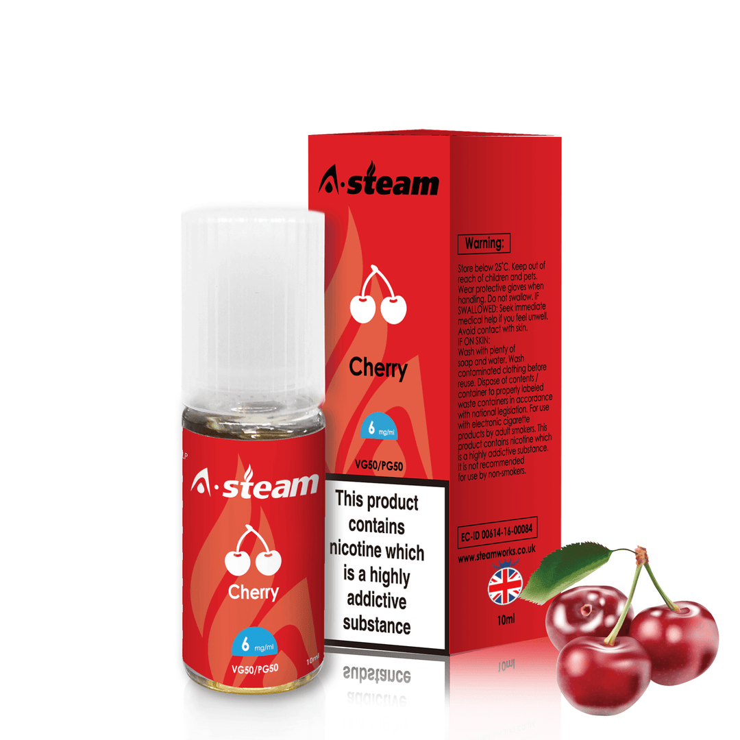 A-Steam 10ml e-liquid bottle in Cherry flavor, offering a variety of flavors for vaping.