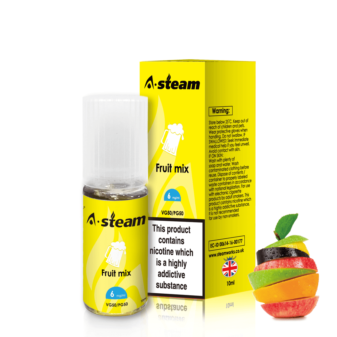 A-Steam 10ml e-liquid bottle in Fruit Mix flavor, offering a variety of flavors for vaping.