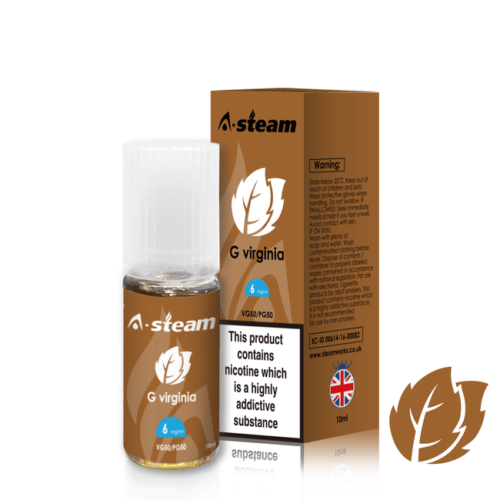 A-Steam 10ml e-liquid bottle in G Virginia flavor, offering a variety of flavors for vaping.