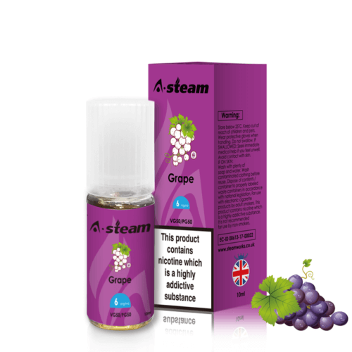A-Steam 10ml e-liquid bottle in Grape flavor, offering a variety of flavors for vaping.