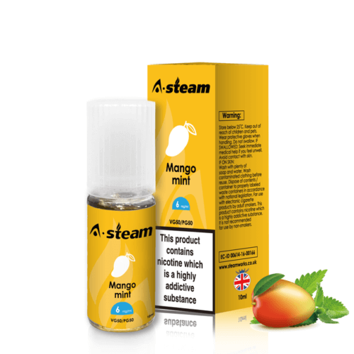A-Steam 10ml e-liquid bottle in Mango Mint flavor, offering a variety of flavors for vaping.