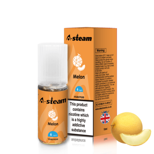 A-Steam 10ml e-liquid bottle in Melon flavor, offering a variety of flavors for vaping.