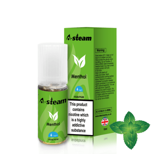 A-Steam 10ml e-liquid bottle in Menthol flavor, offering a variety of flavors for vaping.