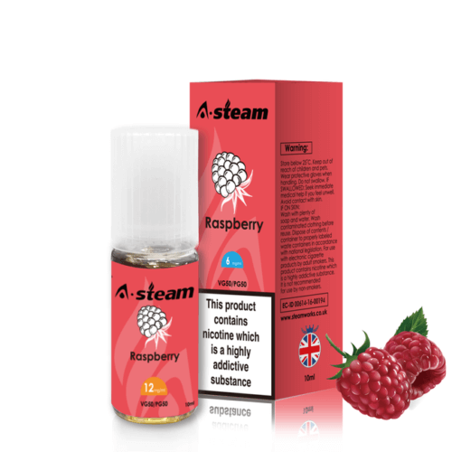 A-Steam 10ml e-liquid bottle in Raspberry flavor, offering a variety of flavors for vaping.