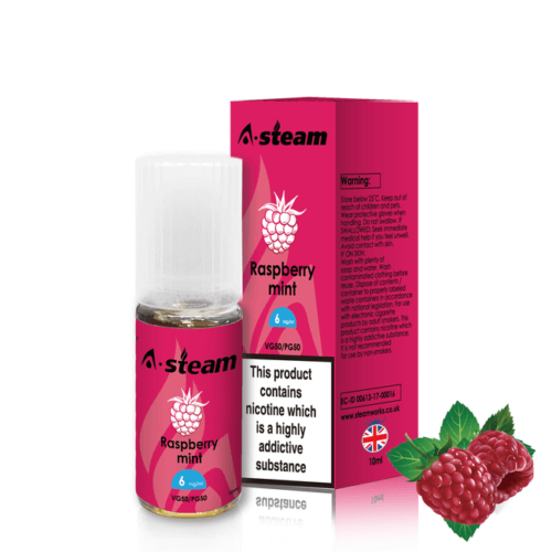 A-Steam 10ml e-liquid bottle in Raspberry Mint flavor, offering a variety of flavors for vaping.