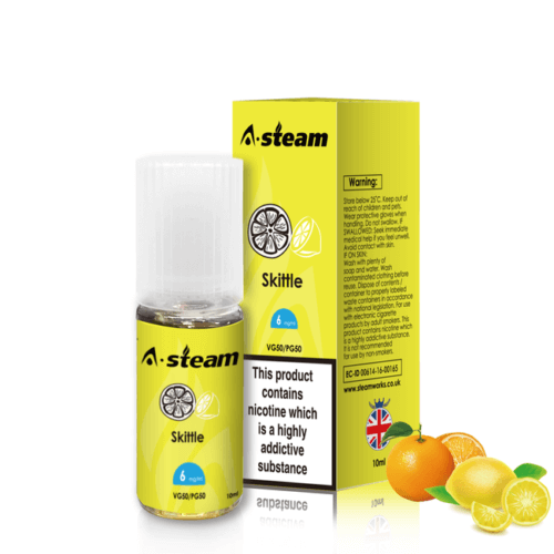 A-Steam 10ml e-liquid bottle in Skittle flavor, offering a variety of flavors for vaping.