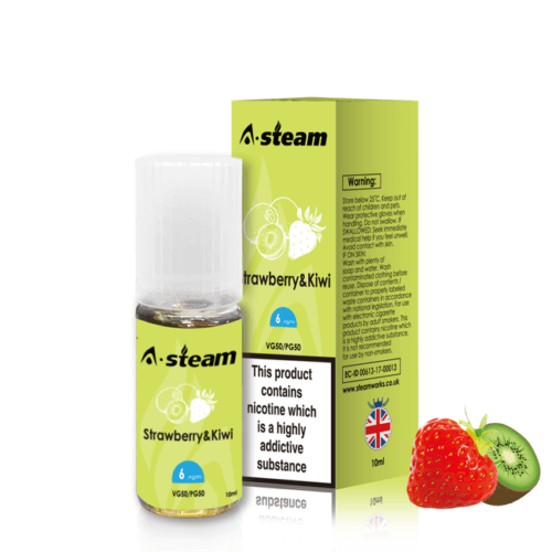 A-Steam 10ml e-liquid bottle in Strawberry Kiwi flavor, offering a variety of flavors for vaping.
