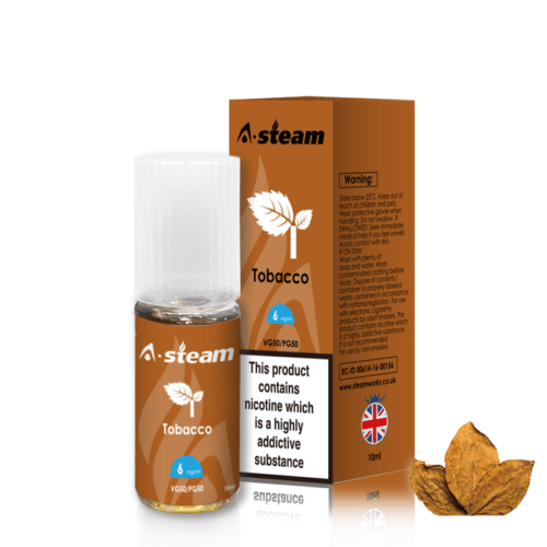 A-Steam 10ml e-liquid bottle in Tobacco flavor, offering a variety of flavors for vaping.