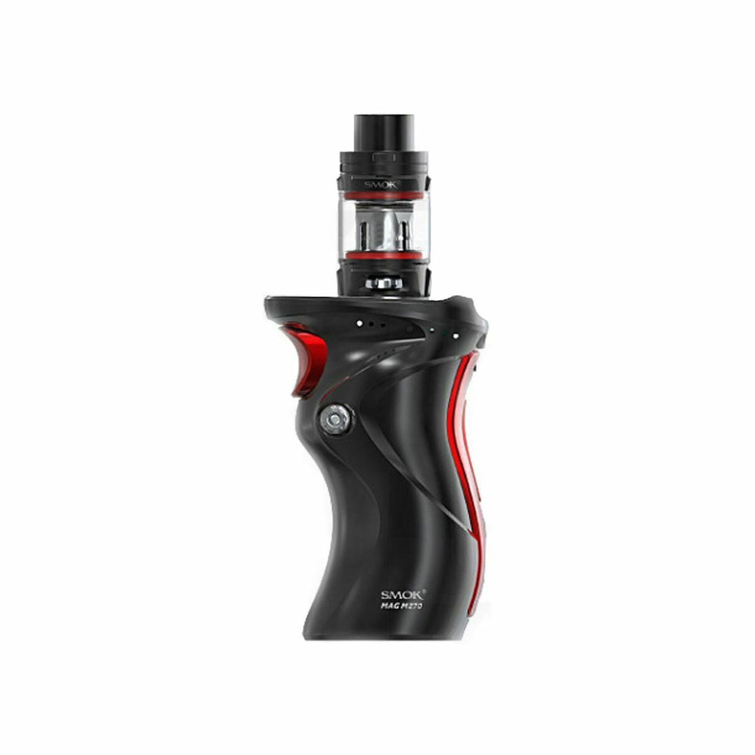 Smok Mag V8 Mod Vape Kit in Black and Red – a powerful and rugged device inspired by the shape of a gun handle, featuring a single 21700/20700/18650 battery compatibility, TFV8 Baby V2 tank, and a striking black finish for maximum style and performance.