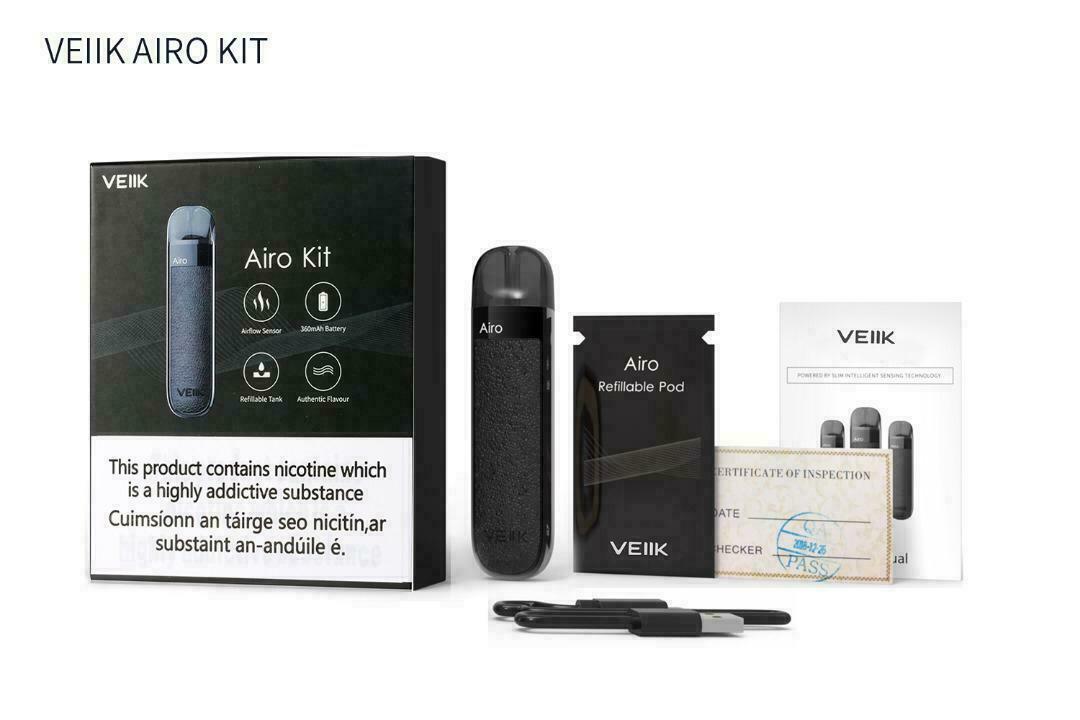 Genuine Veiik Airo Black pod vape kit with built-in rechargeable battery and refillable pod system.