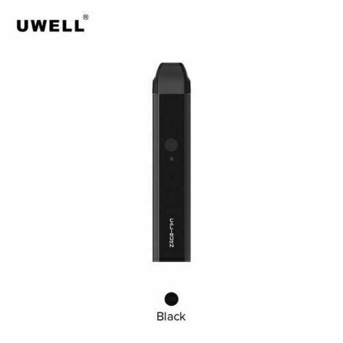 Uwell Caliburn AIO Black pod vape kit with built-in rechargeable battery and refillable cartridge system.