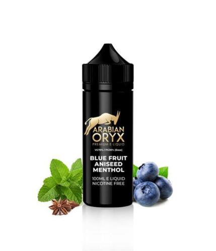 100ml shortfill bottle of Arabian Oryx Premium E-Liquid in Blue Fruit Aniseed Menthol flavor, crafted with a high-quality 70VG/30PG blend for rich flavor and dense clouds, nicotine-free with space for nic shots.