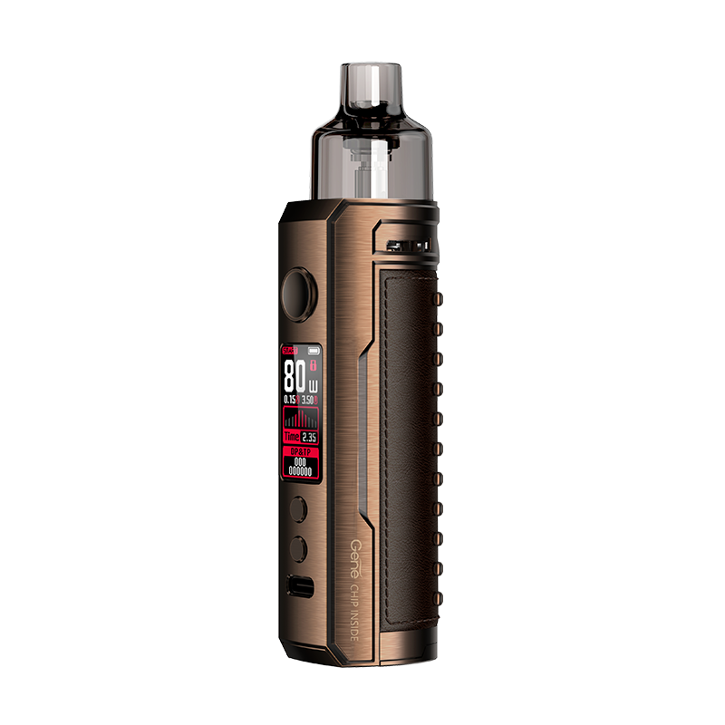 VooPoo Drag X Bronze Knight mod pod vape starter kit with adjustable wattage, refillable pod, and sleek ergonomic design.