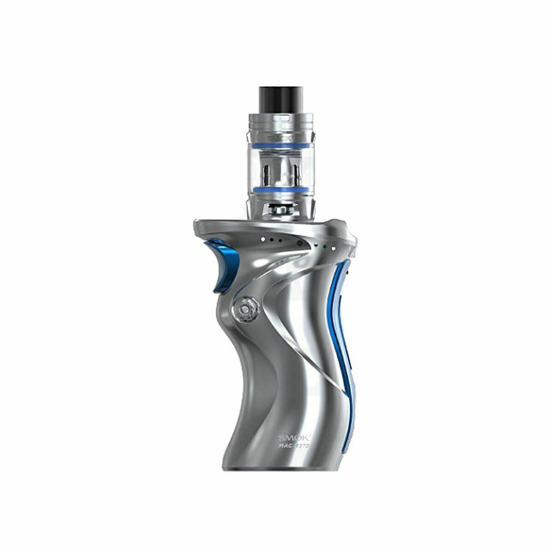 Smok Mag V8 Mod Vape Kit in Chrome – a powerful and rugged device inspired by the shape of a gun handle, featuring a single 21700/20700/18650 battery compatibility, TFV8 Baby V2 tank, and a striking black finish for maximum style and performance.