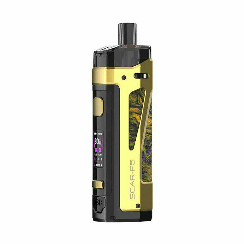 Smok Scar P5 80W Mod Pod Kit in Fluid Gold – 2ml capacity pod vape system with powerful performance and sleek design.