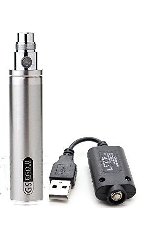 GS eGo II 2200mAh high-capacity vape battery in Silver with USB charger, designed for long-lasting vaping sessions.
