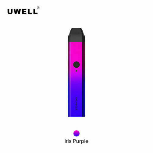 Uwell Caliburn AIO Iris Purple pod vape kit with built-in rechargeable battery and refillable cartridge system.