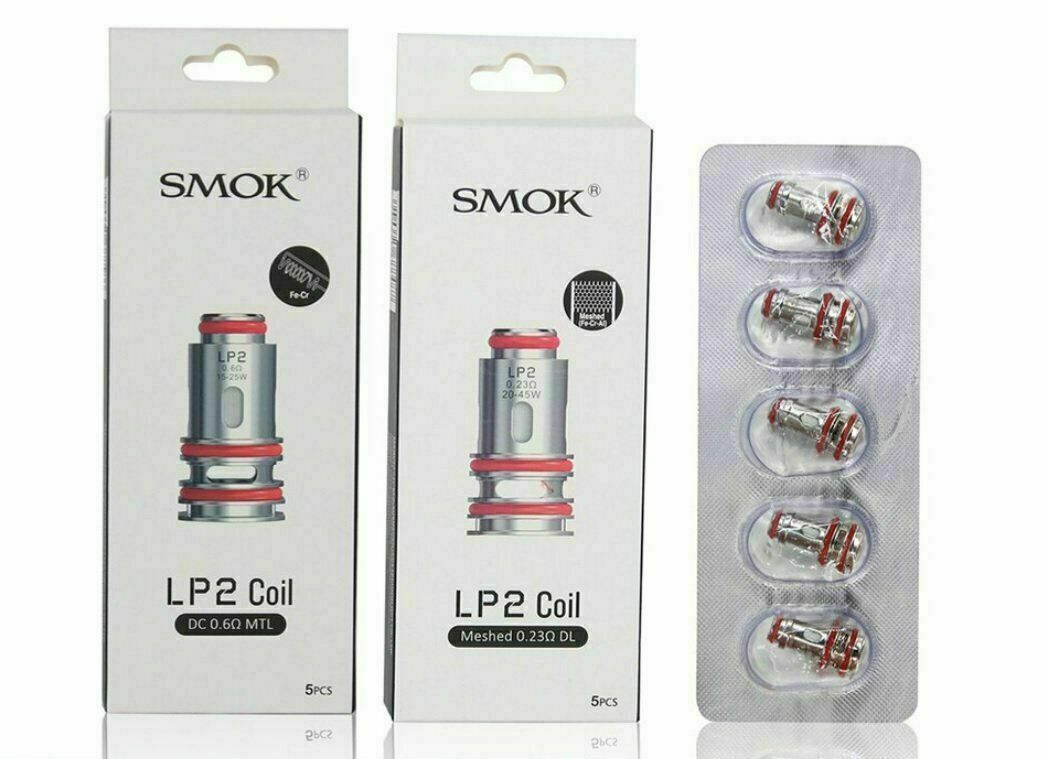 Smok LP2 replacement coils, pack of 5, including DC 0.6Ω coils for MTL vaping and Meshed 0.23Ω coils for DL vaping, designed for consistent flavor, smooth vapor production, and compatibility with Smok LP2‑supported devices.