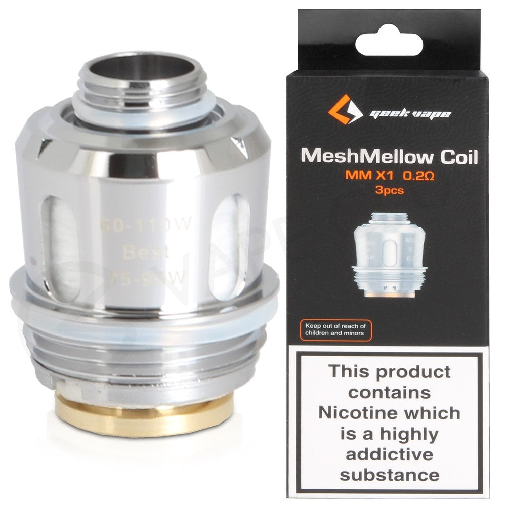 Pack of three Geekvape MeshMellow MM X1 Alpha 0.2Ω vape coils designed for e-cig mods, delivering rich flavor and dense vapor.