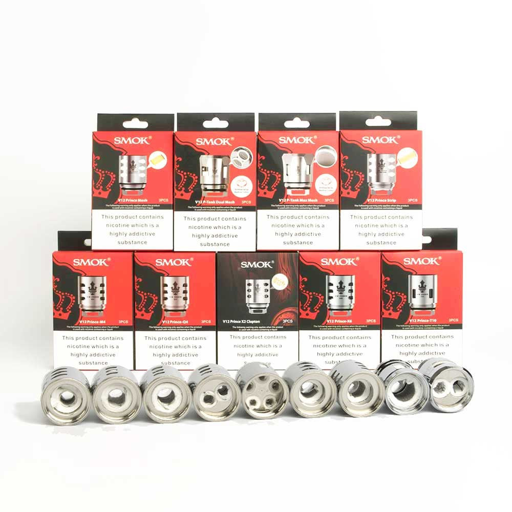Pack of three SMOK TFV12 Prince tank coil heads designed for enhanced flavor and vapor production.