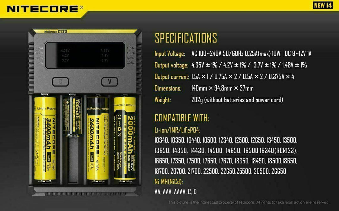 Nitecore NEW i4 Intellicharge 18650-26650-20700-16340 UK Plug Battery Charger.