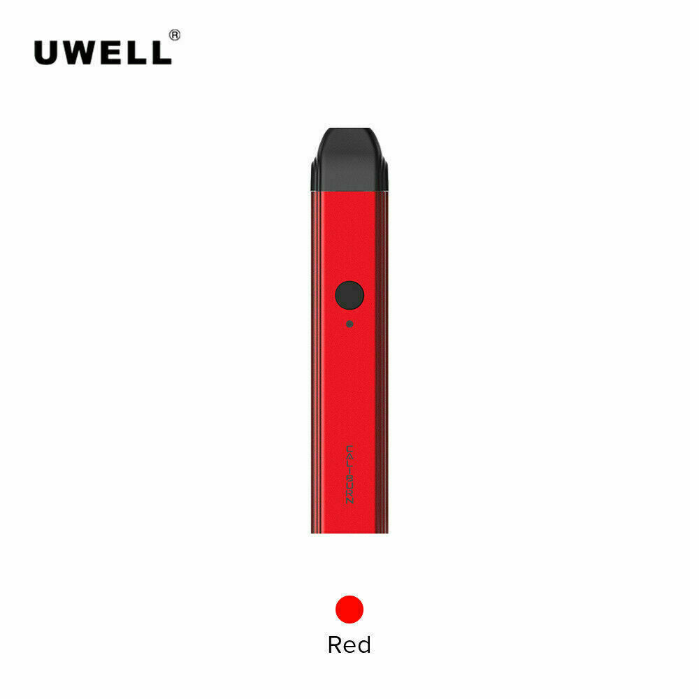 Uwell Caliburn AIO Red pod vape kit with built-in rechargeable battery and refillable cartridge system.