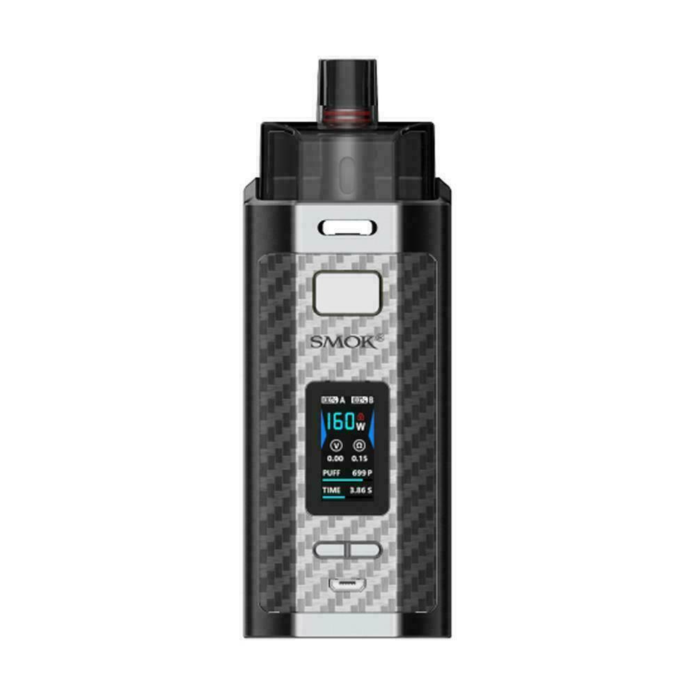 SMOK RPM 160 Mod Pod Vape Kit in Silver Carbon Fiber – dual 18650 battery pod mod with high wattage and powerful performance.