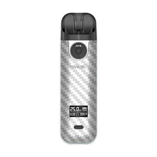 Smok Novo 4 25W Pod Vape Kit in Silver Carbon Fiber – compact and elegant pod system with an adjustable airflow, 25W max output, and replaceable coil design for smooth and customizable vaping.