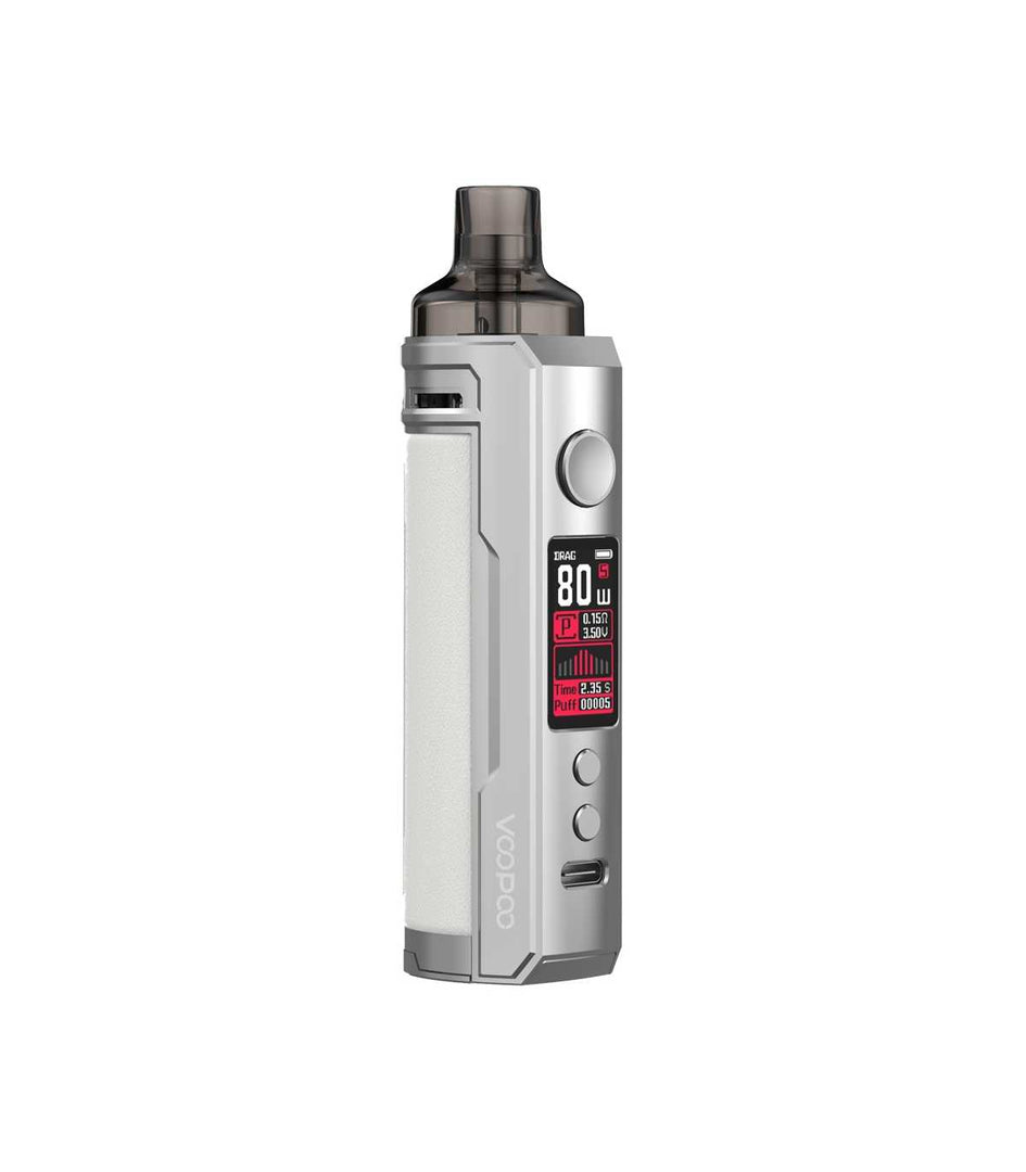 Voopoo Drag X Pod Mod Kit in Silver and White – stylish and powerful vape kit featuring a silver frame with bold white leather grip, up to 80W output, GENE.TT chipset, and PnP pod compatibility for a versatile sub-ohm experience.