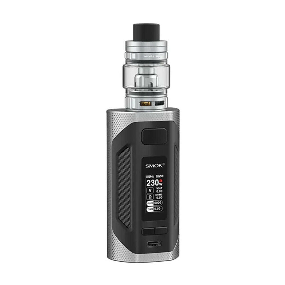 SMOK Rigel Mod Kit with TFV9 tank, 2ml e-liquid capacity, 230W starter kit in Silver with advanced temperature control and adjustable settings.