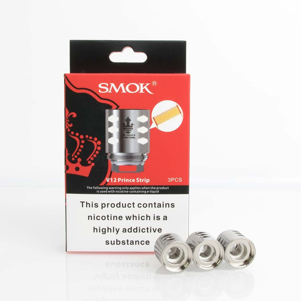 Pack of three SMOK TFV12 Prince tank coil heads designed for enhanced flavor and vapor production.
