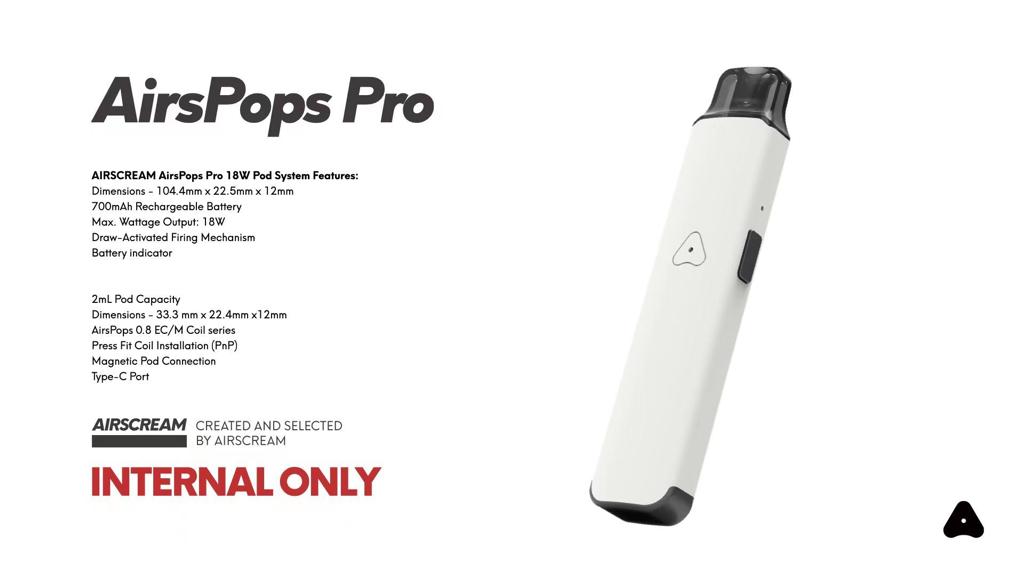 Airscream AirPops Pro Vape Kit – ultra-compact and minimalist pod system designed for smooth MTL vaping, featuring a sleek body, rapid draw activation, and compatibility with AirPops Pro prefilled pods for clean and consistent flavor delivery.