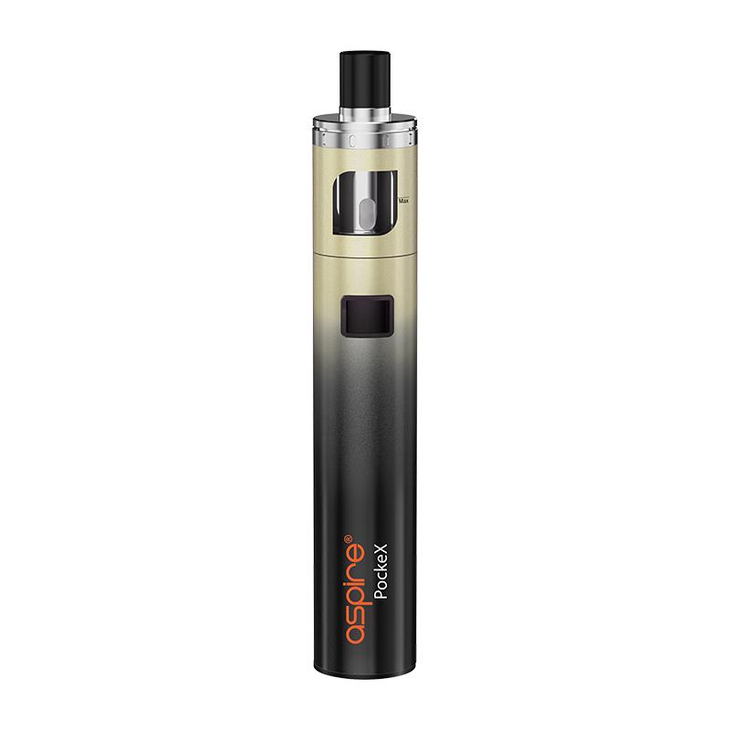 Aspire Pockex AIO starter vape pen kit in Black Gold, featuring an all-in-one design, refillable tank, and compact portable build ideal for beginners.