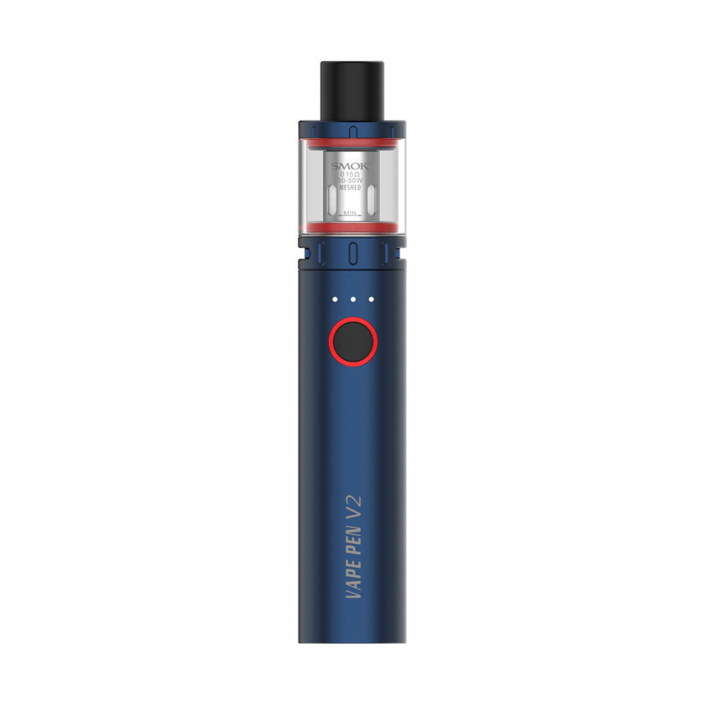 Smok Vape Pen V2 Starter Kit in Blue – a sleek and user-friendly vape pen with 1600mAh battery, direct output, and mesh coil for rich flavor and vapor production.
