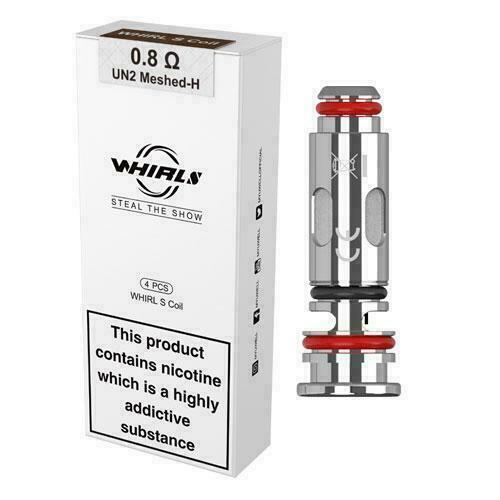 Uwell Whirl S vape kit in UN2 Meshed 0.8 ohm coil, featuring 1450mAh battery, 2ml refillable tank, or pack of 4 replacement coils.