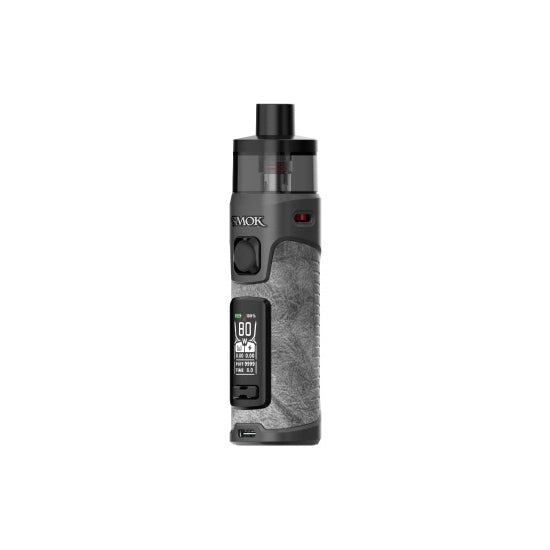 SMOK RPM 5 Kit in Grey Leather – stylish and robust pod mod featuring a built-in 2000mAh battery, 80W max output, 0.96'' TFT screen, and compatibility with RPM 3 coils for dense vapor and smooth DTL performance.